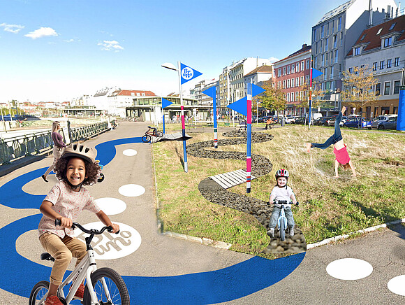 Space for children to ride their bikes on the obstacle course