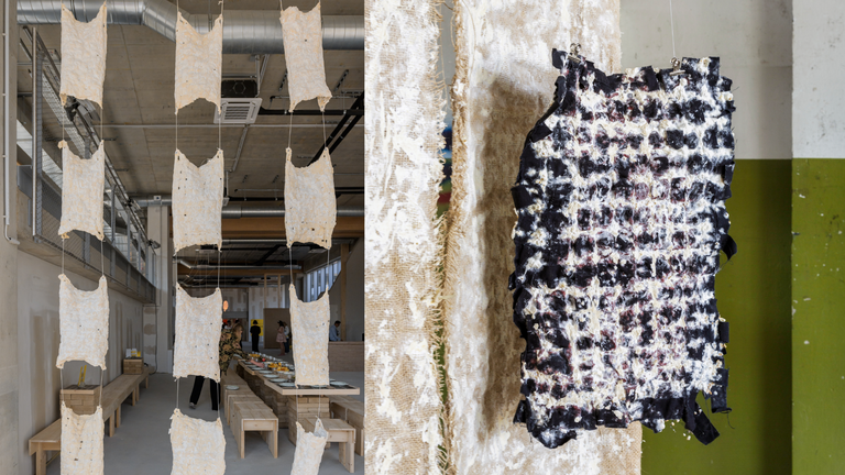 Collage of 2 pictures: Myceltextile as curtain (prototype by Biofabrique Vienna) & Closeup Blue