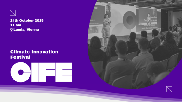 Climate Innovation festival logo with date and location. A sitting crowd in front of a stage.
