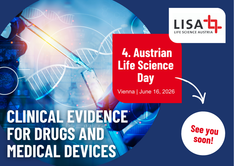 Flyer for the 4th Austrian Life Science Day: a strand of DNA and test tubes in the background