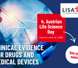 Flyer for the 4th Austrian Life Science Day: a strand of DNA and test tubes in the background