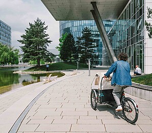 Person rides cargo bike past office complex