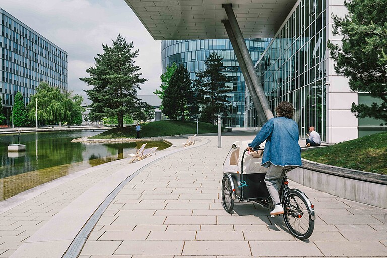 Person on a cargo bike Person rides cargo bike past office complex