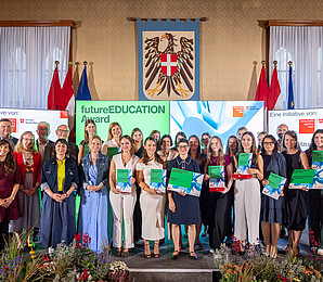 FutureEDUCATION Award participants in Vienna City Hall's Coat of Arms Hall 2025