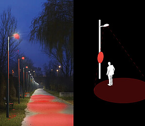 Park view with red light lamps