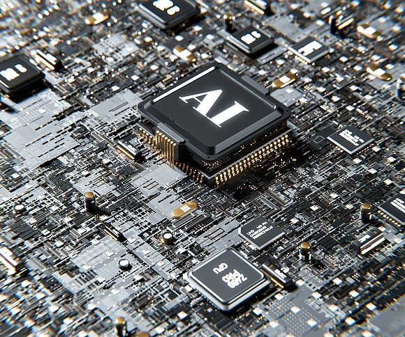 Computer circuit board with chip in the middle—labeled AI
