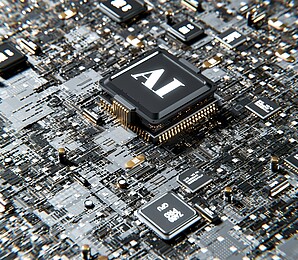 Computer circuit board with chip in the middle—labeled AI