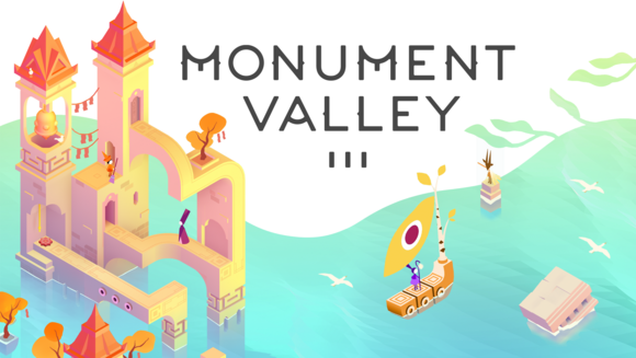 Illustration with castle, water and raft from the game Monument Valley III