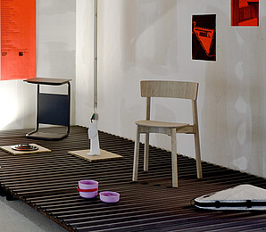 Exhibition view with designer objects