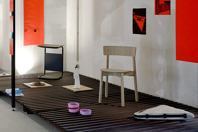 Exhibition view with designer objects