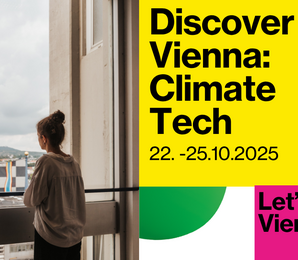 Logo for Discover Vienna Climate Tech. A woman looks outside a window.