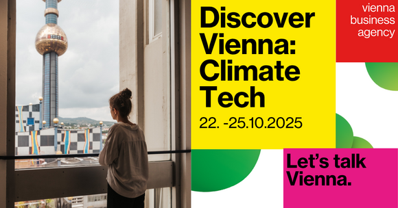 Logo for Discover Vienna Climate Tech. A woman looks outside a window.