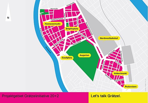 Project area of the 20+2 Neighbourhood Initiative in the 20th and 2nd districts of Vienna.